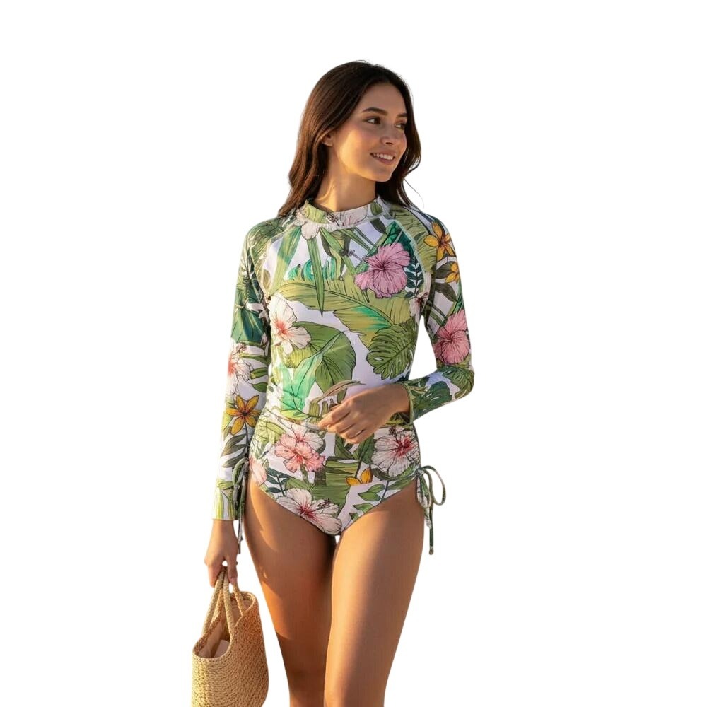 Berry Jane Women's Vintage Tropical Floral UPF 50 Rash Guard Swim Set Size L